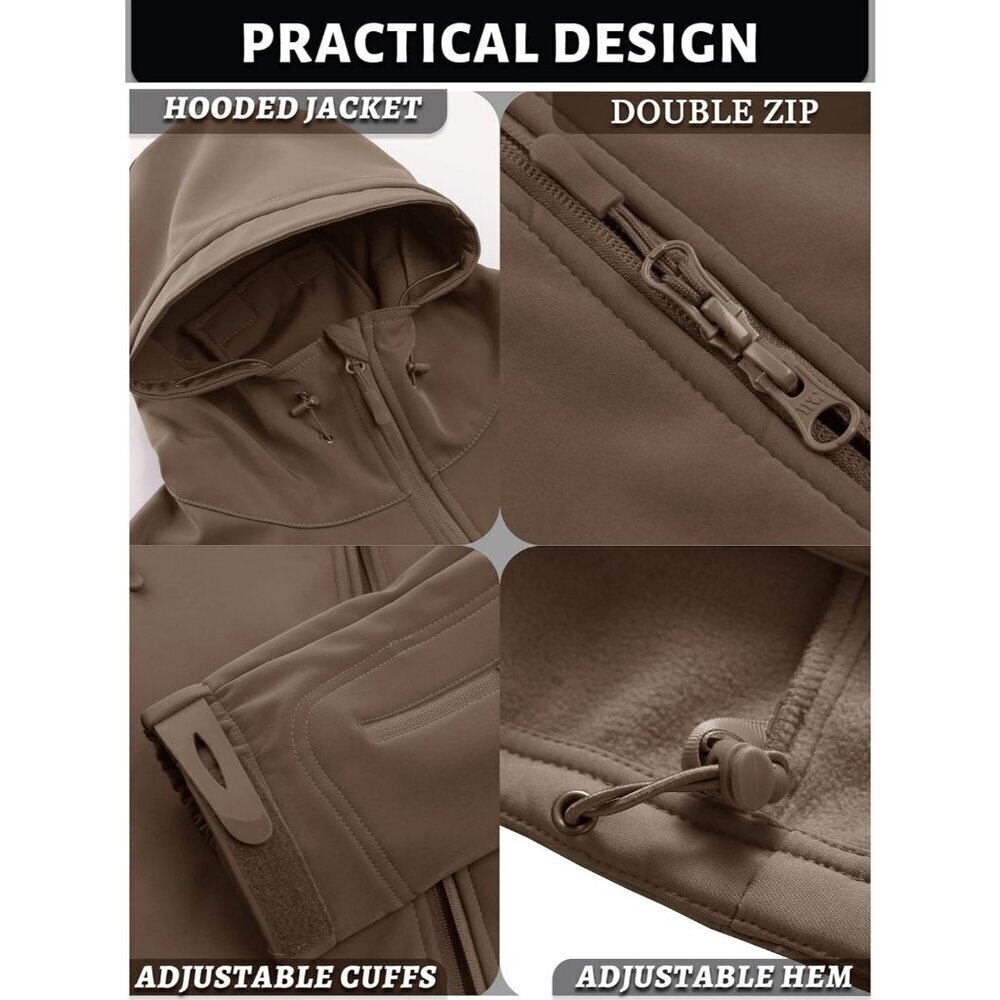 Men's  #12-coffee Tactical Soft Shell Winter Jacket with Fleece Lining & Hood - Picture 5 of 6